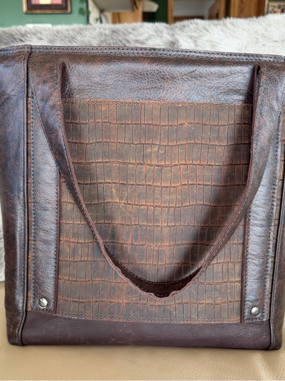 Brown Leather Tote Computer Bag with Croc Texture